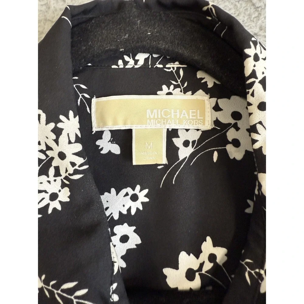 Michael Kors Jacket Womens Medium Black White Floral Full Zip Gold Accents Shirt